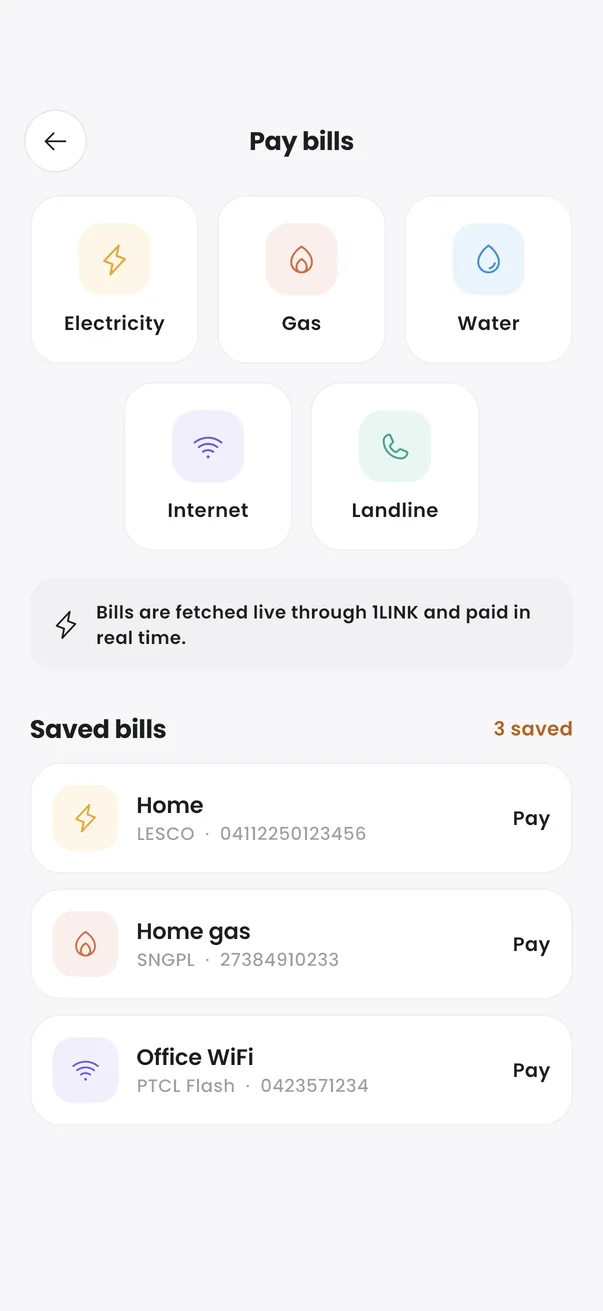 Bill payments screen with saved bills