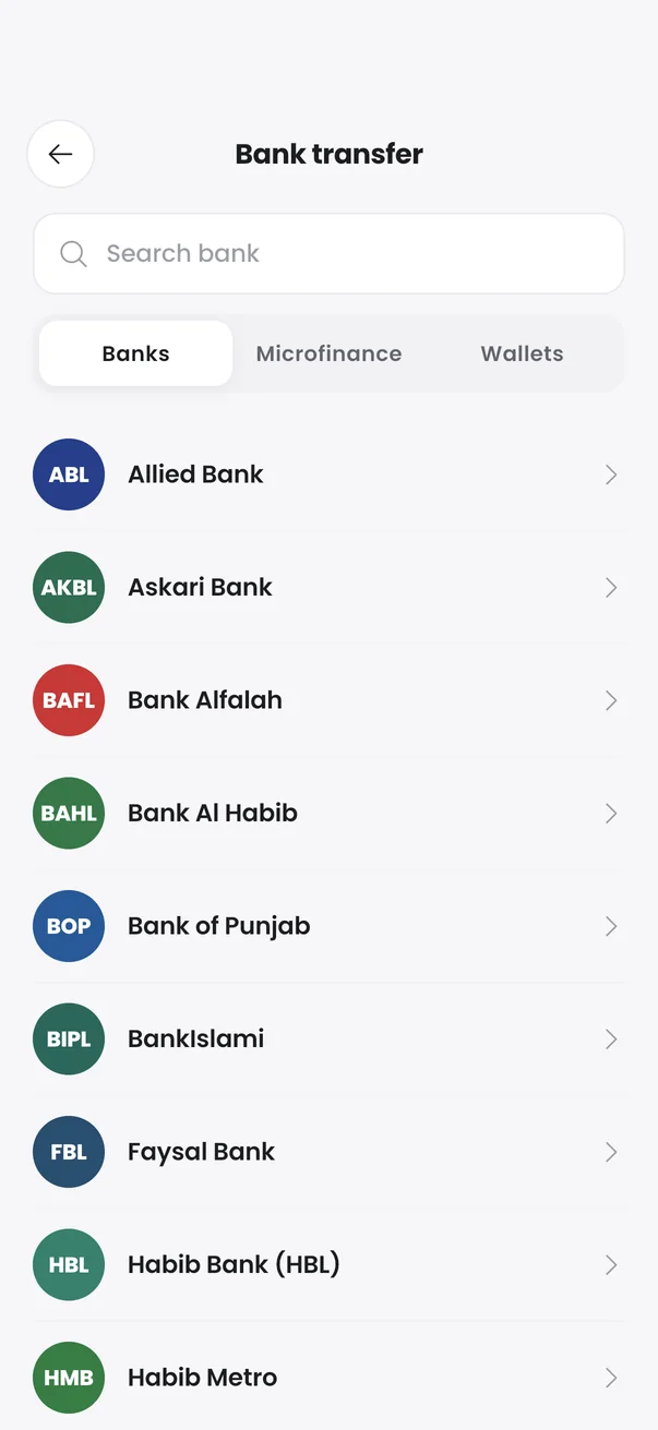 Bank transfer screen with a list of banks